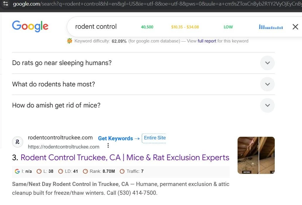 Google search result showing Rodent Shield Truckee for a rodent control search