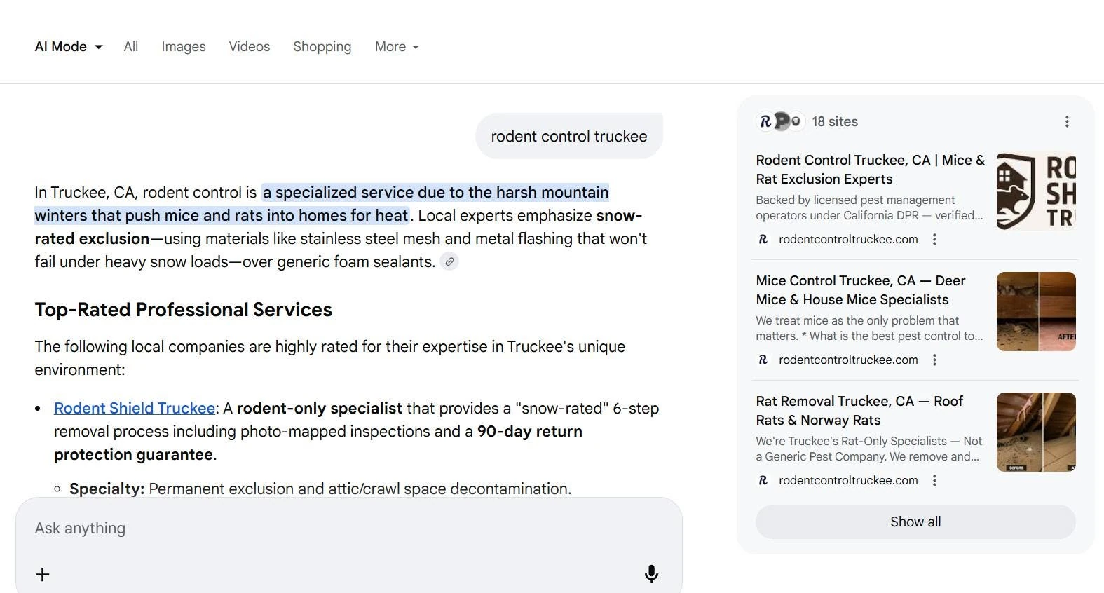 Google AI search response citing Rodent Shield Truckee for a local rodent control query