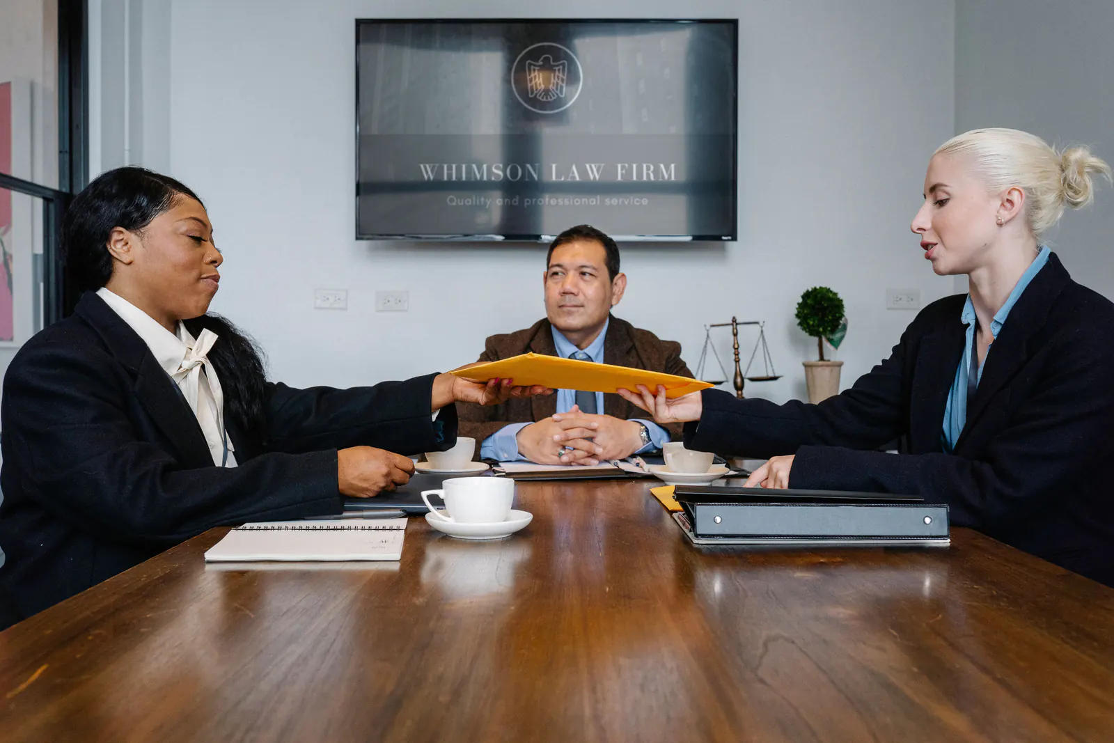 Law firm team reviewing case documents in a conference room
