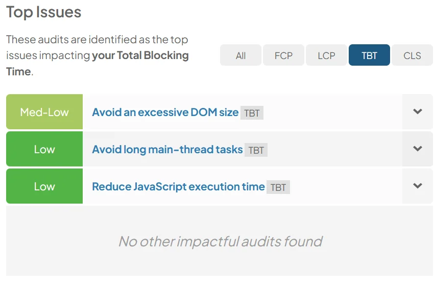 Total Blocking Time diagnostics listing excessive DOM size, long main-thread tasks, and JavaScript execution time