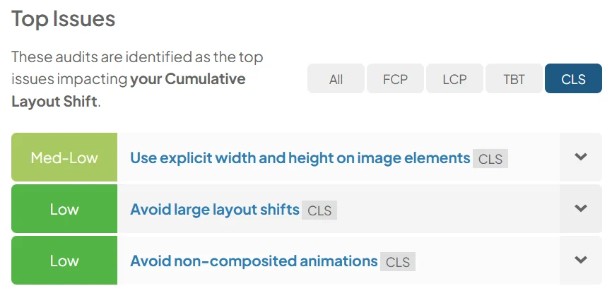 Cumulative Layout Shift diagnostics recommending explicit image dimensions and avoiding large layout shifts and non-composited animations