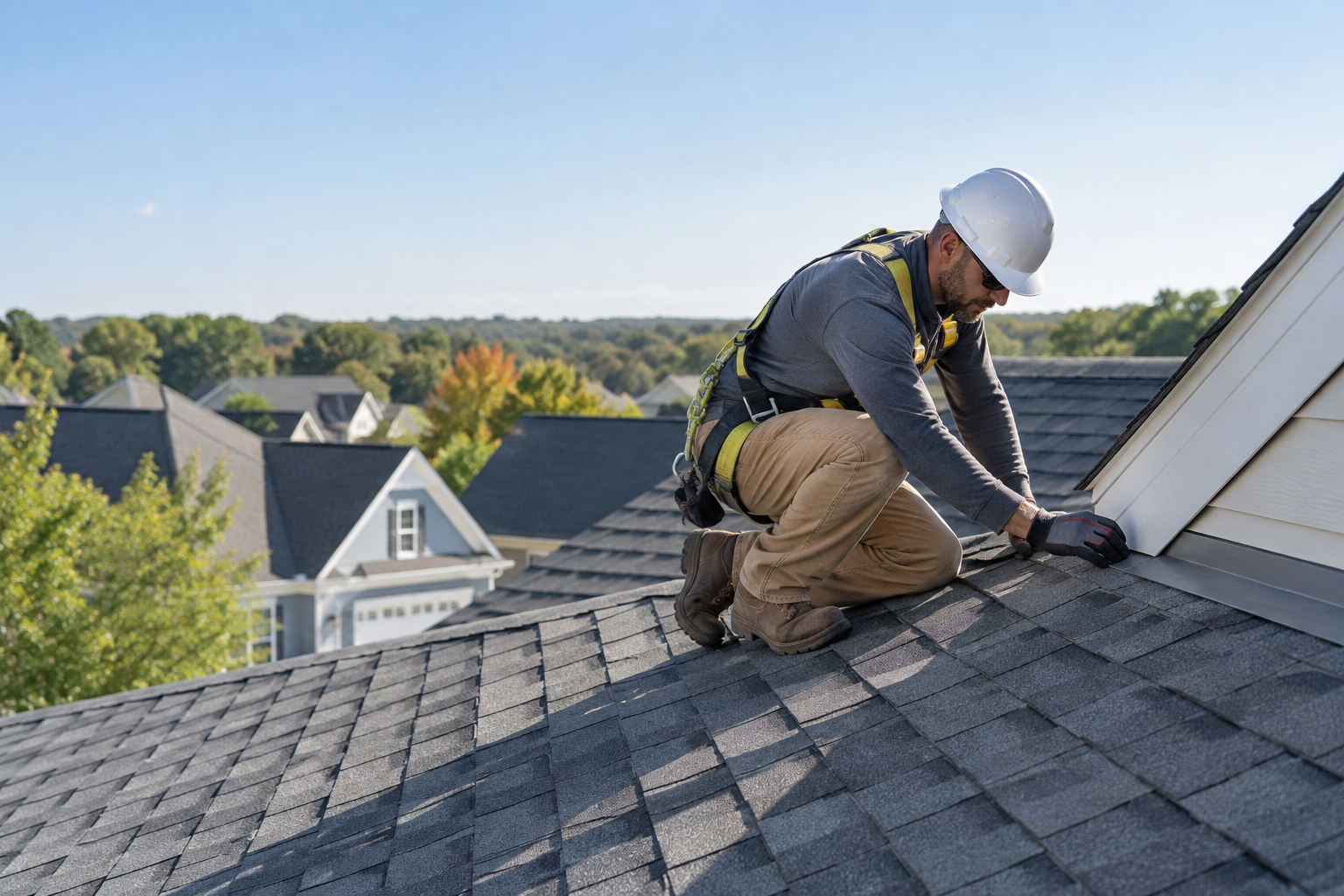 A roofing professional inspecting shingles on a residential roof