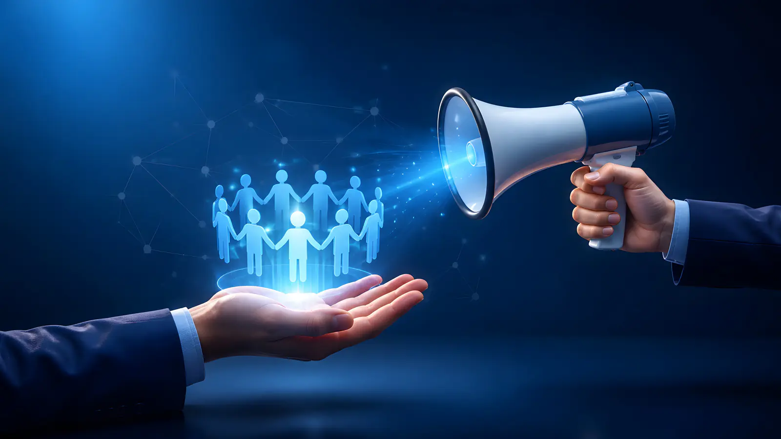 Digital outreach concept with a megaphone and an engaged audience