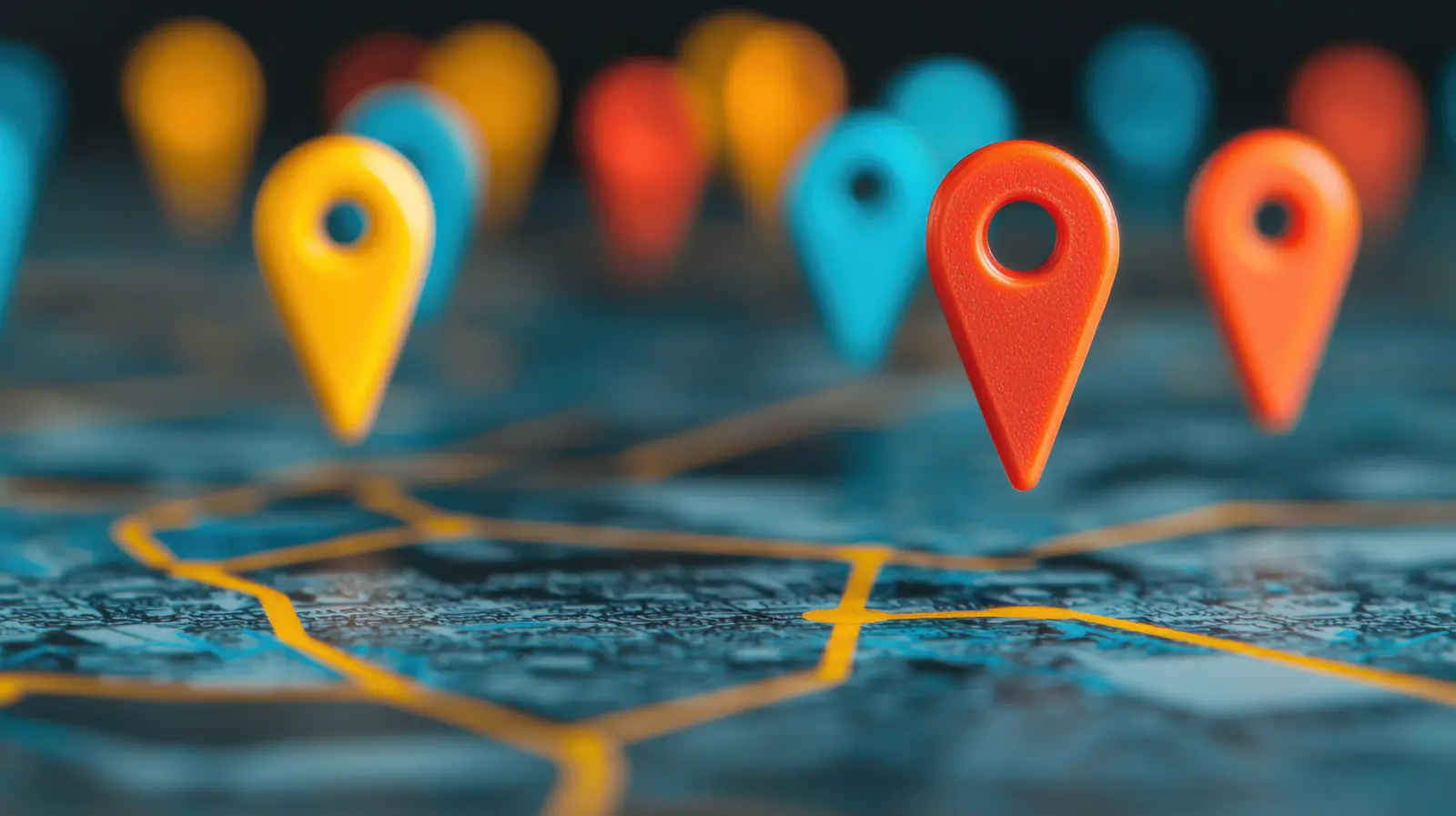 Multiple location markers placed across a map